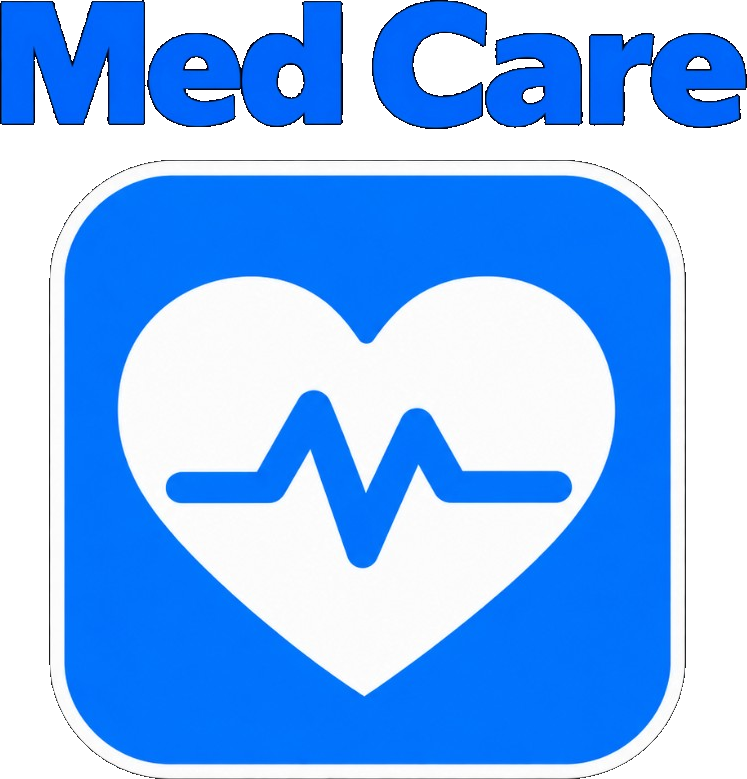 MedCare logo — Med Care wordmark with blue heart and heartbeat icon